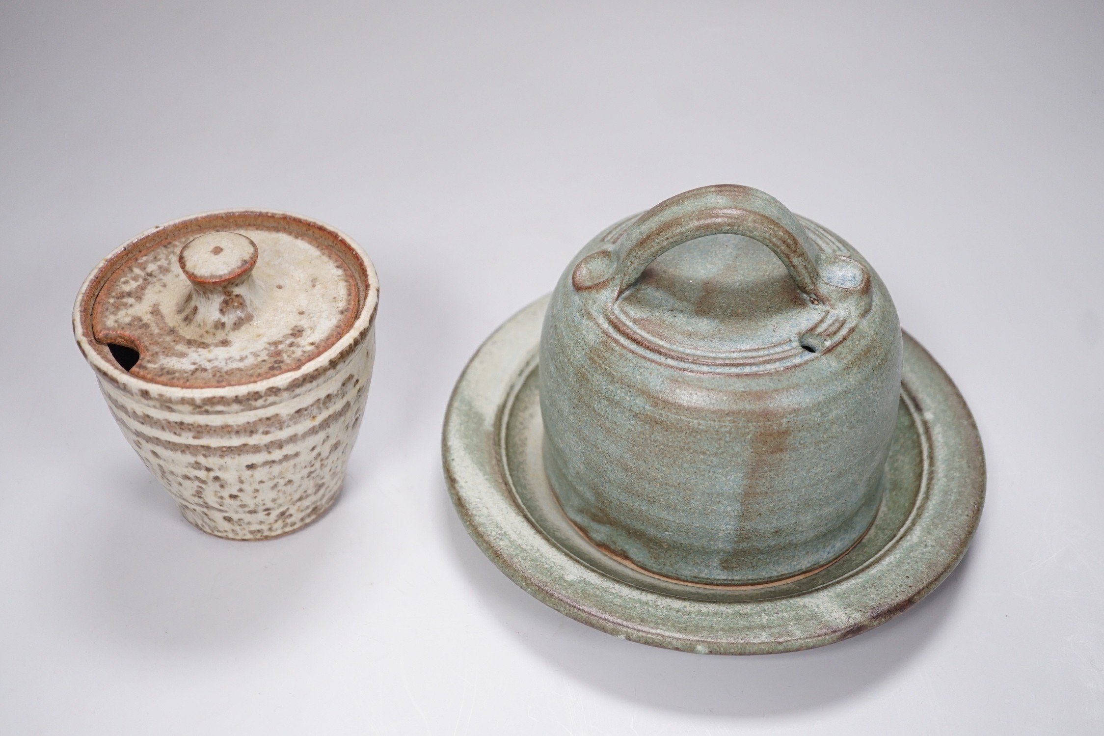 John Leach, Nick Rees, Mark Melbourne - lidded preserve jar, together with a cheese dome, (2)